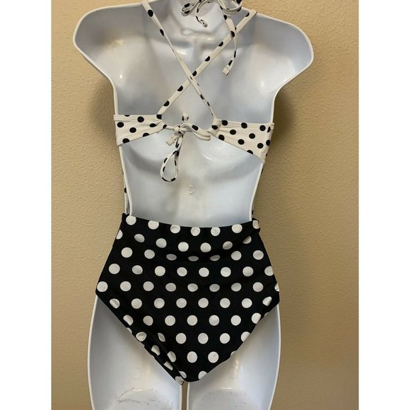 Hula Honey Women's Black White Polka Dot Strappy Small One Piece Swim Suit - Picture 2 of 7